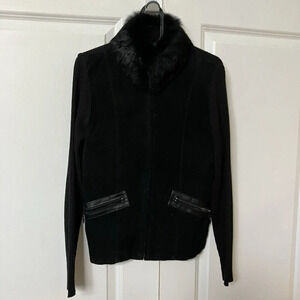 Y2K Escapade Black Stretch Ribbed Knit Suede Rabbit Fur Collar Sweater Jacket